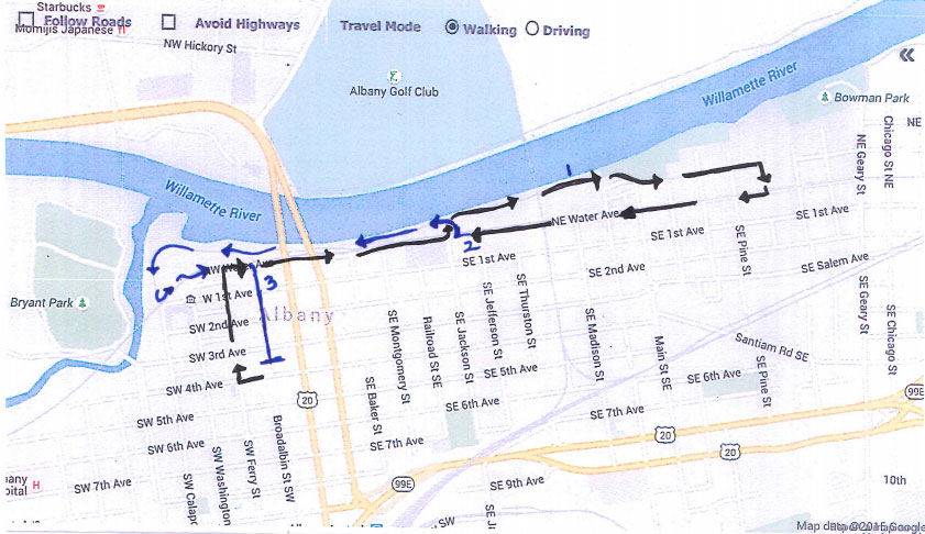 Walk starts at Linn County Courthouse, follows Ferry Street towards Water Avenure, goes East down Water Avenue, then merges to Dave Clark Trail at Jackson Street, then loops back onto Water Avenue, following that until crossing to Dave Clark Trail at Jackson again, and finishes at the start line after going down Broadalbin Street.